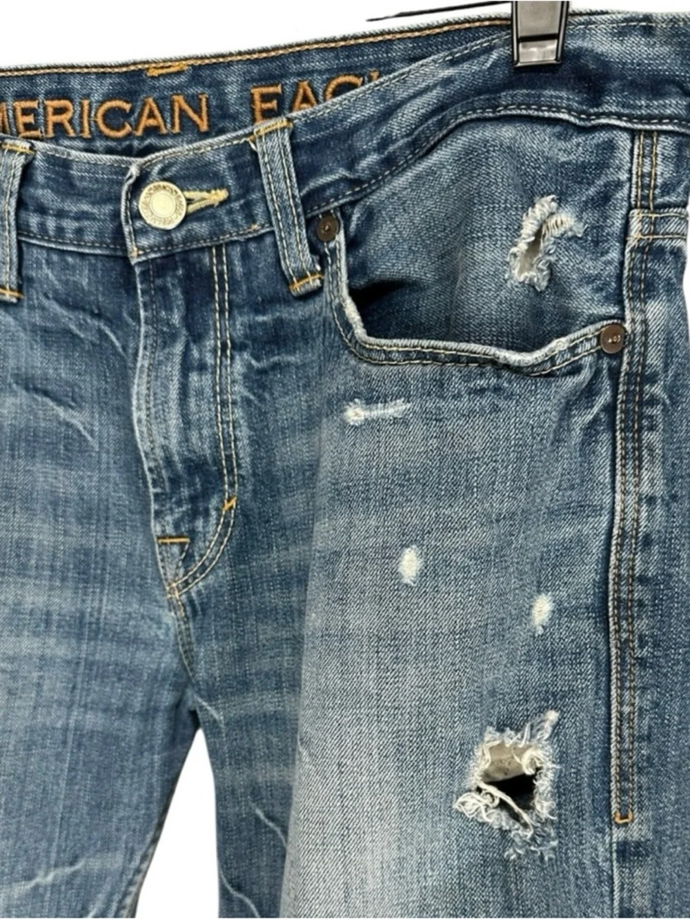 AMERICAN EAGLE / Blue Distressed Denim Y2K Straight Leg Jeans / 31 W 32 L Preppy